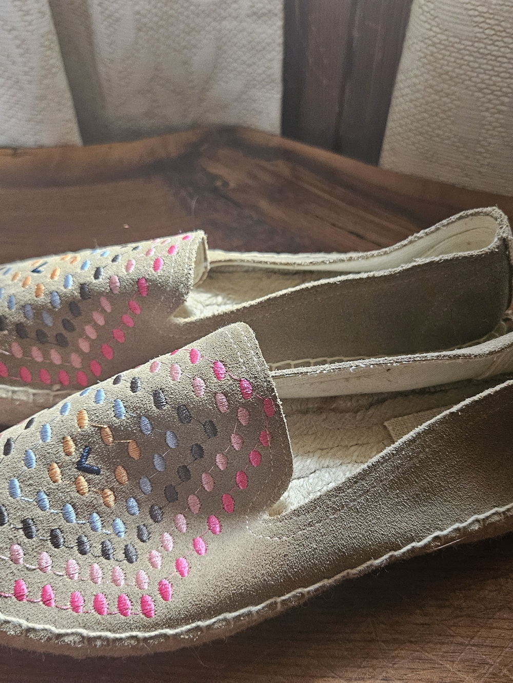 Jack Rogers Taupe Suede Espadrilles with Multicolor Embroidery